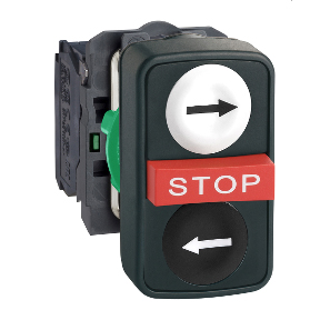 Schneider Electric 22mm Triple Pushbutton w/Legend; Round (top) / Rectangular / Round; Green (top) / Red / Green; 2NO / 1NC; Momentary